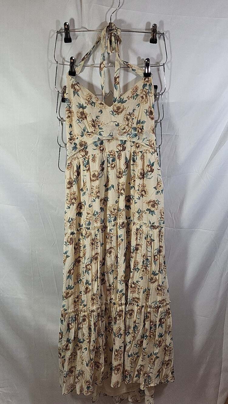 Trixxi Cream Floral Midi Dress with Blue and Brown Accents